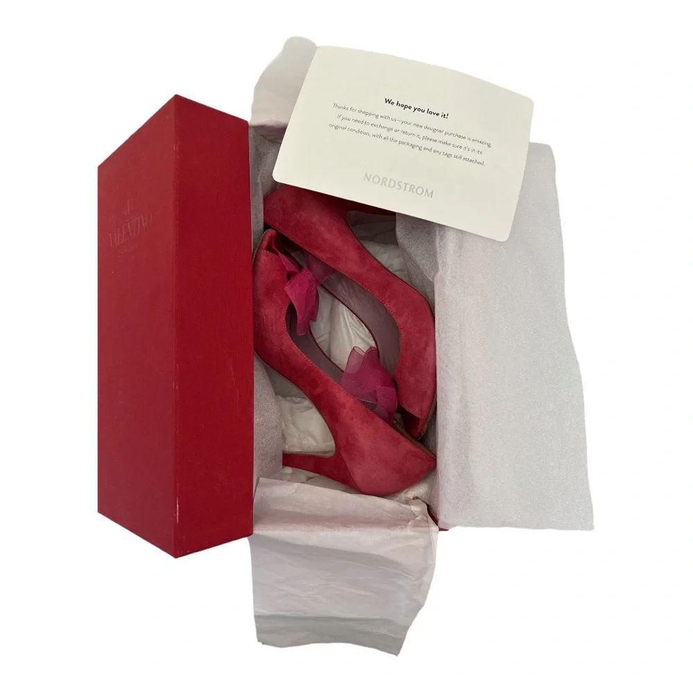 {RED} VALENTINO Pink Suede Open Toe Heels Pumps with Sheer Bow - Picture 9 of 10